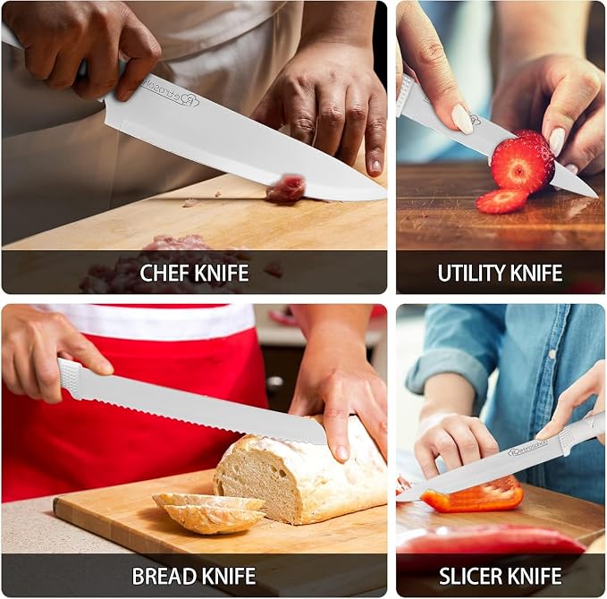 Kitchen Knife Set, White Flower 6PC Stainless Steel Sharp Chef Knife Set with Acrylic Stand, Cooking Non-slip Knife Set with Block, Non-stick Colorful Coating Gift for Women Girls (White)