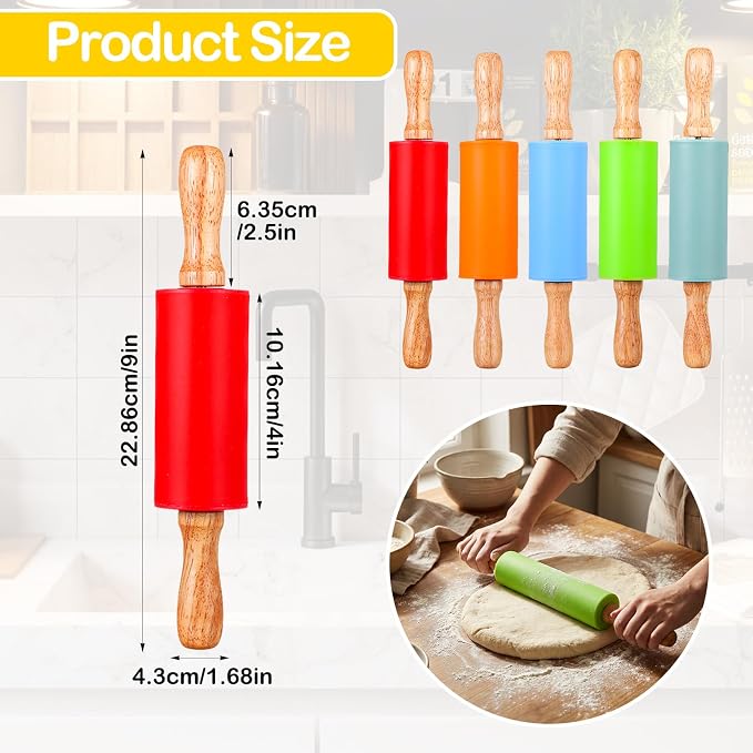10Pcs 9 Inch Mini Rolling Pins, Non-Stick Silicone Rolling Pins with Wooden Handle, 5 Colors for Baking Cookies, Dough, Fondant & Craft Clay
