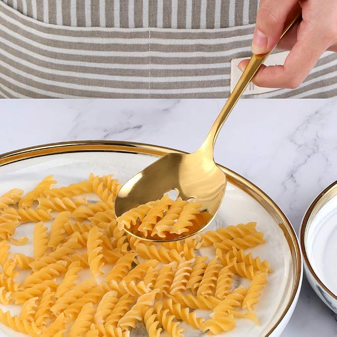 Meisha Serving Spoons Set, 3 Serving Spoons and 3 Slotted Serving Spoons, Matte Gold Stainless Steel Serving Utensils for Buffet Can Banquet Cooking Kitchen - Mirror Polished