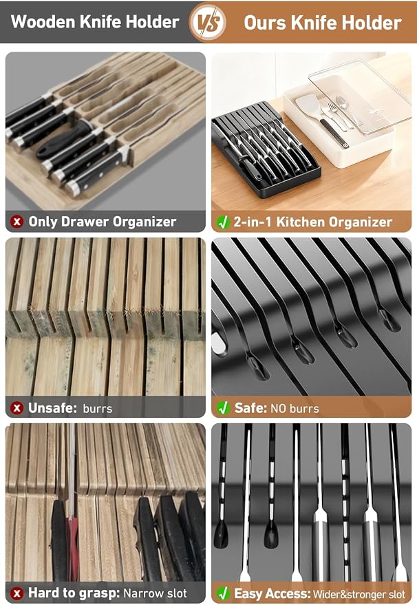 MAD SHARK 2-in-1 Detachable Knife Block & Silverware Organizer, Drawer Knife Holder for 10 Knives, BPA-Free, Blade-Safe Slots, Save Counter Space, Kitchen Drawer or Counter Storage, No Knives