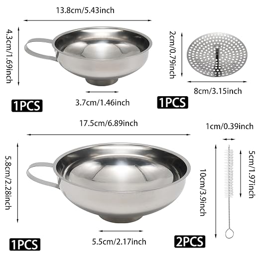 Silver Stainless Steel Canning Funnel Set, Wide Mouth Funnel Large Metal Funnels, Kitchen Use Canning Supplies for Transferring Liquid Power Jam Grains Dry Wet Ingredients
