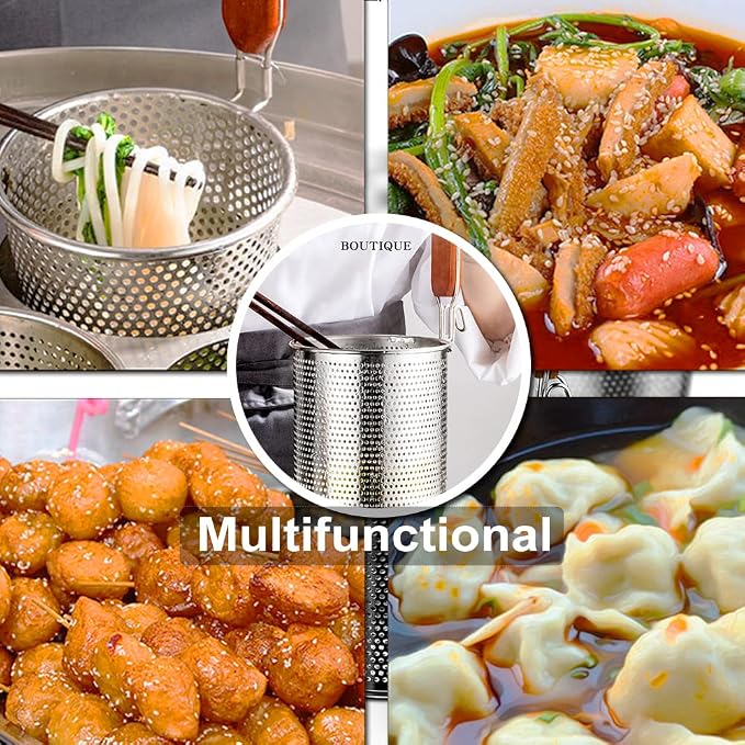 Tenta Kitchen Micro-Perforated Stainless Steel Pasta Basket Mesh Spider Food Dumpling Noodle Strainer,Fine Mesh Skimmer Kitchen Fine Sieve Mesh Strainer with Wooden Handle (Strainer, 12cm)