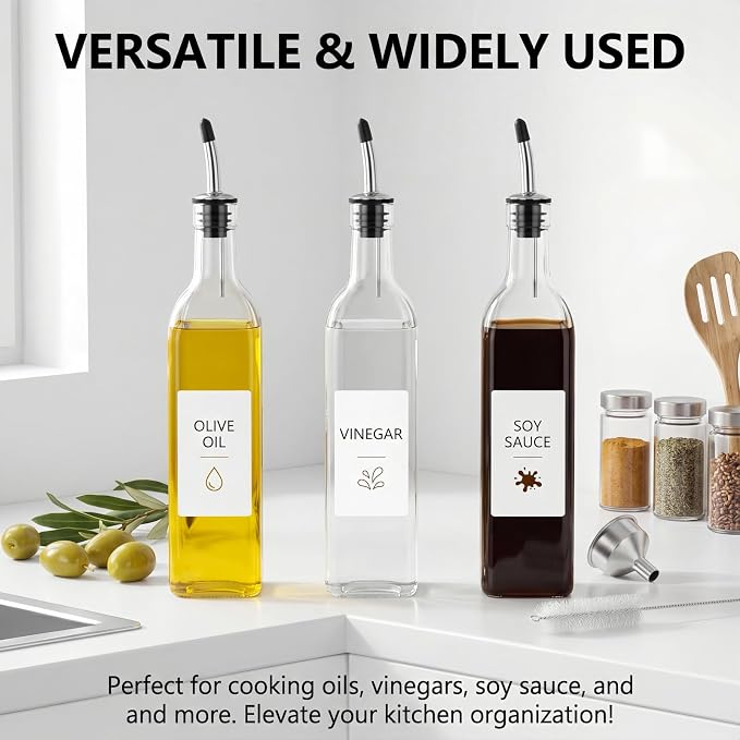 Olive Oil Dispenser Bottle - 500ml Glass Oil and Vinegar Bottles Set for Kitchen with 2 Stainless Steel Pourers, Funnel, Brush and 2 Labels, Kitchen Oil Bottles with Drip-Free Design