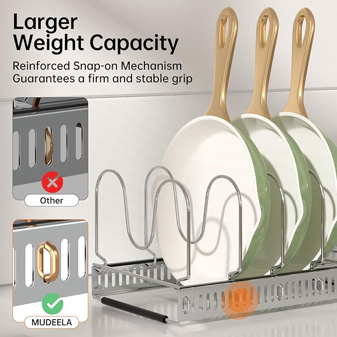 MUDEELA Expandable Pot Pan Lid Organizers inside Cabinet, 10 Divider-Silver | Expandable 11.8–22.9", 10 Adjustable Divider, Tool-Free Assembly, Non-Slip, Scratch-Proof, For Pan Lid Cutting Board Bakeware