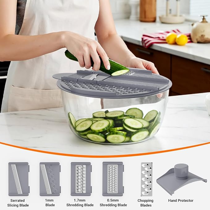 HomeHacks Salad Spinner Large Lettuce Spinner, Large Fruit Cleaner with Double Drainage Holes, 5 Chopping Blades, High Efficiency for Kitchen Washing & Drying Leafy Vegetables, Easy Press (Grey)