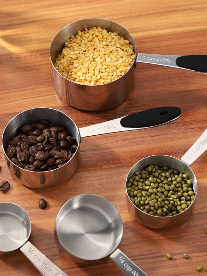 JOYHILL Measuring Cups and Spoons Set 304 Stainless Steel 10-Piece Black | BPA-Free Silicone Handles, Etched Markings, Nestable Design, Dishwasher Safe for Dry & Liquid Ingredients