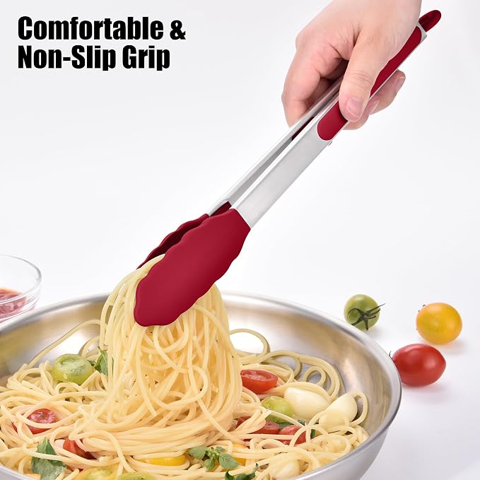 Doosu Kitchen Tongs for Cooking - 600°F Heat Resistant Food Tong with Non-Scratch Silicone Tips, Heavy Duty Stainless Steel Locking Tong for BBQ, Grilling Steak, Serving Salad, Pasta (12in, Red)