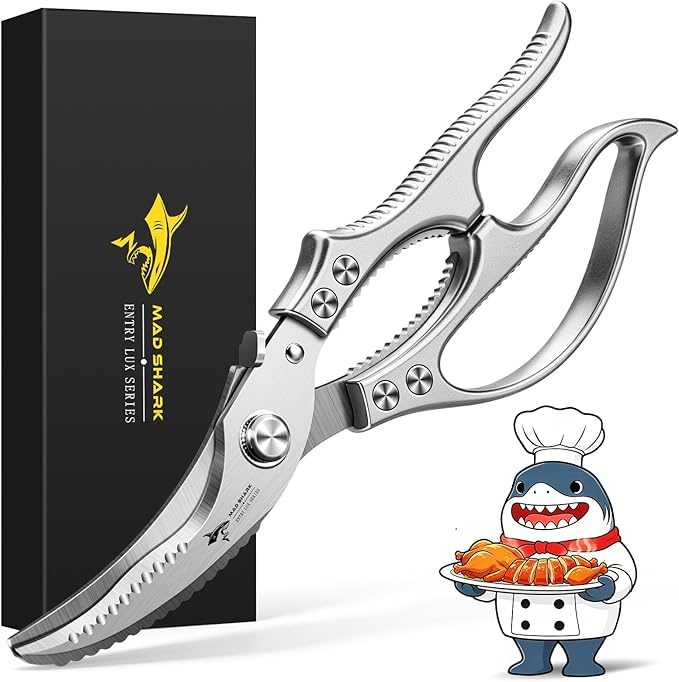 MAD SHARK Heavy Duty Poultry Shears, Kitchen Shears with Non-Slip Handle & Safety Lock, All Purpose Kitchen Scissors for Chicken, Meat Cutting, Turkey, Fish, Vegetables, Spring Loaded, Dishwasher Safe
