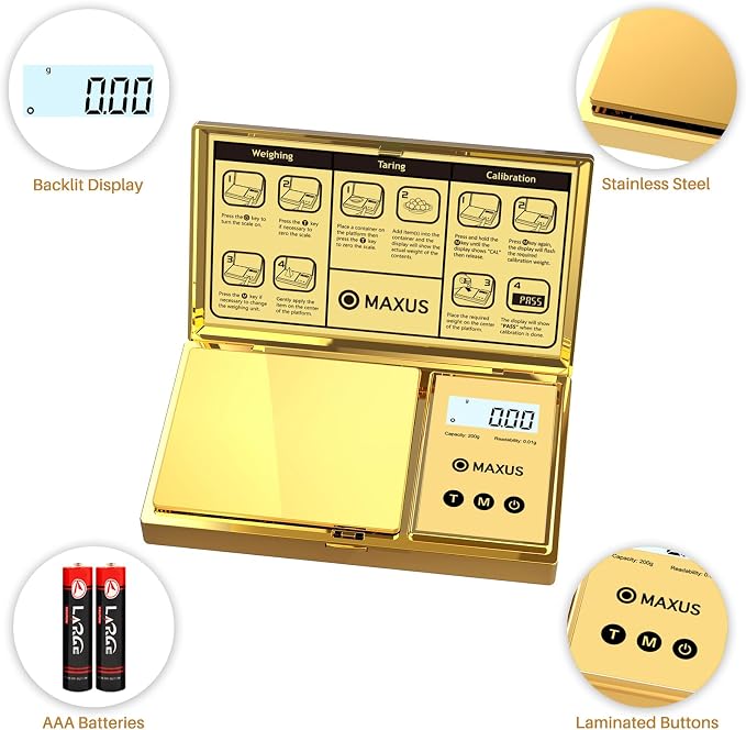 Digital Gram Scale 200g x 0.01g, Gold Pocket Scale for Jewelry, Food | Gold Plated Cover and Platform, Measures Grams and Ounces, Compact Scale for Grains, Gems, Coins and Small Items