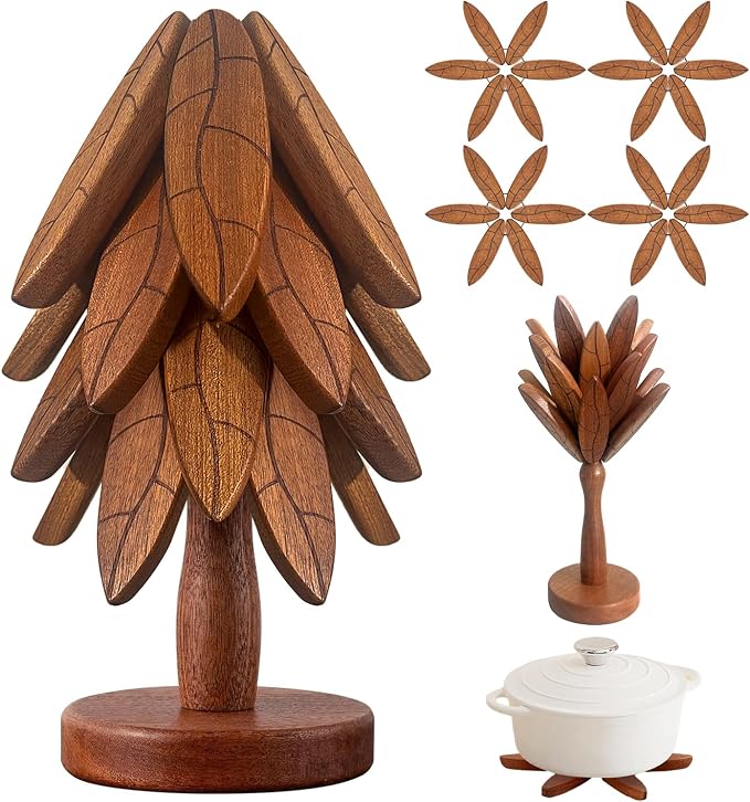 Tree Coasters, Wooden Trivets for Hot Dishes/Pot/Bowl/Teapot/Pans, Tree Shape Trivet Set - 4 Wooden Trivets + 1 Stand Stored, Kitchen Decor Gifts for Him/Her (Leaf Pattern - 4Pcs)