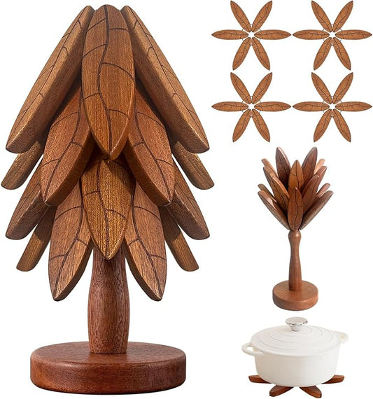 Tree Coasters, Wooden Trivets for Hot Dishes/Pot/Bowl/Teapot/Pans, Tree Shape Trivet Set - 4 Wooden Trivets + 1 Stand Stored, Kitchen Decor Gifts for Him/Her (Leaf Pattern - 4Pcs)
