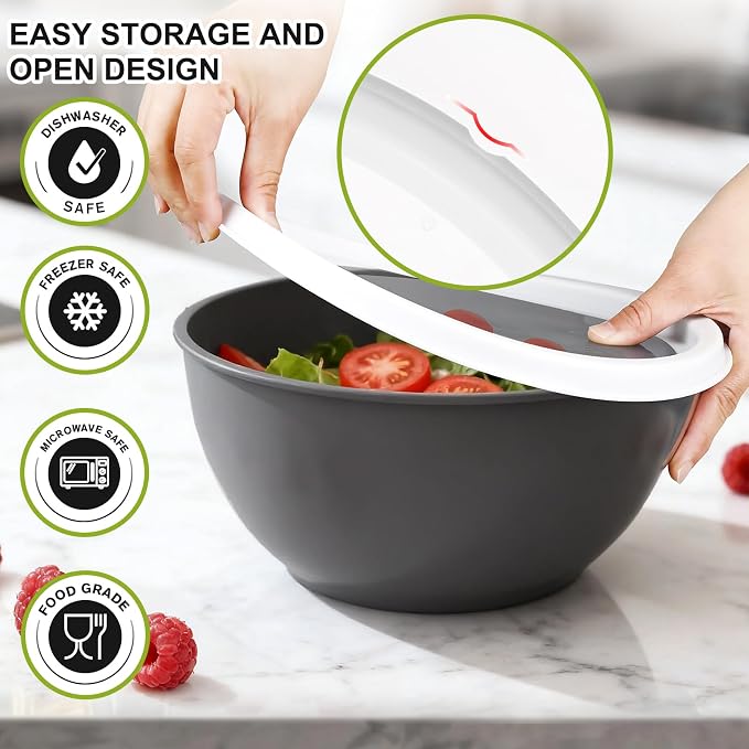 Greentainer Plastic Mixing Bowls with Lids Set for Kitchen, 6 Set Nesting Bowls for Mixing, Baking, Prepping, Cooking and Serving Food, Mixing Bowls Dishwasher, Microwave Safe