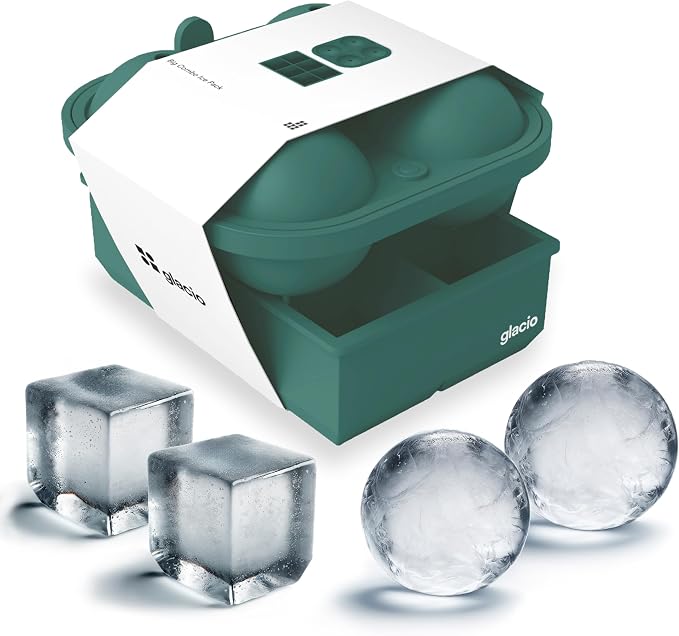 Ball Ice Cube Tray and Big Ice Cube Molds for Whiskey, Slow-Melting, 100% Silicone, No-Plastic, Easy Release, Ideal for Gifting and Elevating Cocktails (Green, 4 Spheres & 6 Cubes)