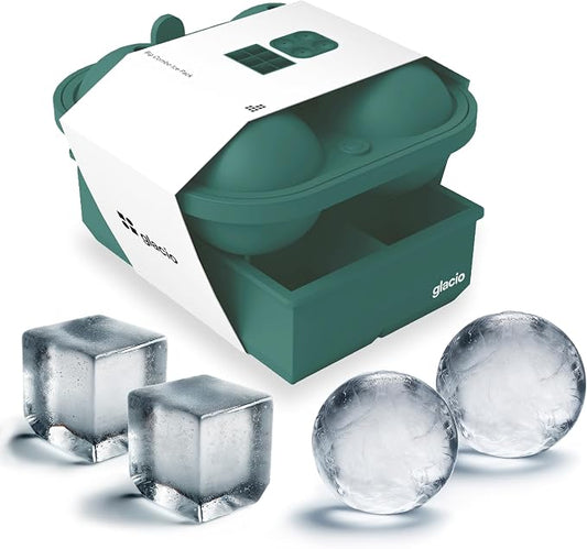 Ball Ice Cube Tray and Big Ice Cube Molds for Whiskey, Slow-Melting, 100% Silicone, No-Plastic, Easy Release, Ideal for Gifting and Elevating Cocktails (Green, 4 Spheres & 6 Cubes)