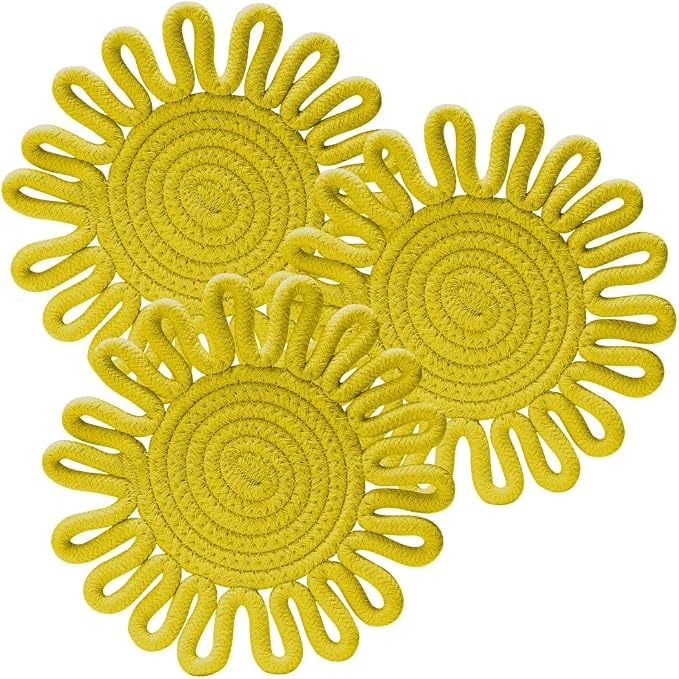 Kitchen Trivets for Hot Dishes Potholders for Countertop Hot Pads Hot Mats or Trivets for Hot Pots and Pans Home Essentials Boho Farmhouse Kitchen Decor Set of 3, 100% Cotton,7.5" (Yellow)