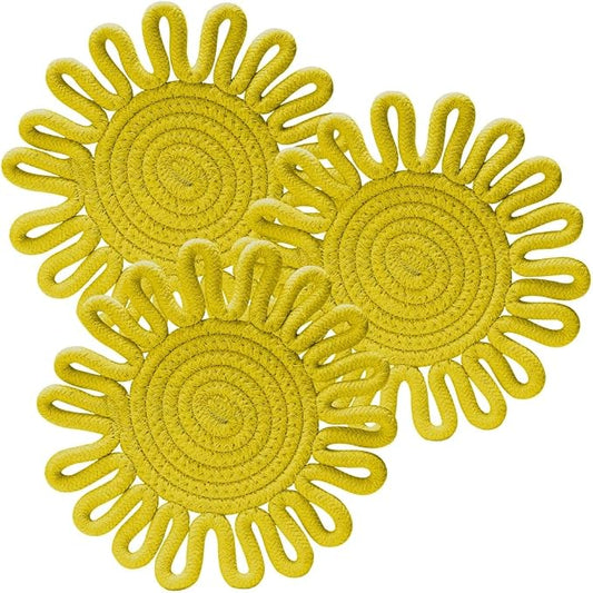 Kitchen Trivets for Hot Dishes Potholders for Countertop Hot Pads Hot Mats or Trivets for Hot Pots and Pans Home Essentials Boho Farmhouse Kitchen Decor Set of 3, 100% Cotton,7.5" (Yellow)