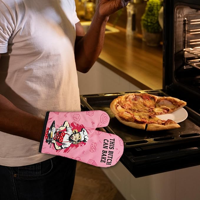 Funny Oven Mitts and Pot Holders（Set of 2） This Can Bake Heat Resistant Mitts Retro Silicone Non-Slip Oven Mitts Kitchen Gift for Men Women Great Birthday Gift for Bake Lover Chef Mom