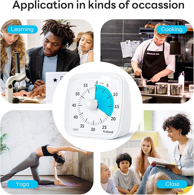 Yunbaoit Visual Timer with Night Light, 60-Minute Countdown Timer for Kids and Adults, Silent Classroom Timer, Time Management Tool for Home, School, or Work (Light White)