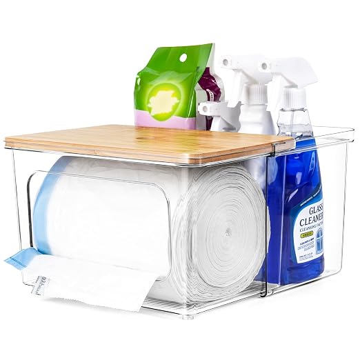 iCASA 2 in 1 Trash Bag Holder Garbage Bags Dispenser Under Sink Organizer | Stackable Trash Bag Organizer for 13/30/33 Gallon Bags, Clear Storage Bins for Kitchen, Cabinet, Laundry Room Organization