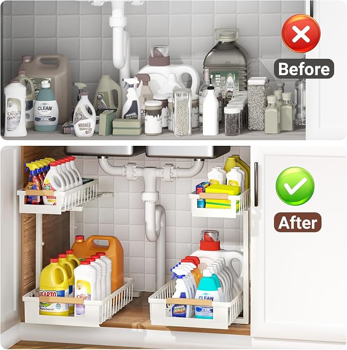 Under Sink Organizer, 2 Tier Pull Out Cabinet Organizer with 5 Adjustable Heights, Metal Under Sink Storage with Sliding Drawers for Kitchen, Bathroom, Pantry and Laundry Room, 4-Pack White