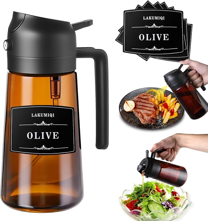 Oliver Oil Sprayer Dispenser for Cooking Bottle 16oz Dark Glass Black | 2-in-1 Lightproof Borosilicate Glass Oil Bottle, Wide Mouth for Easy Refill Clean