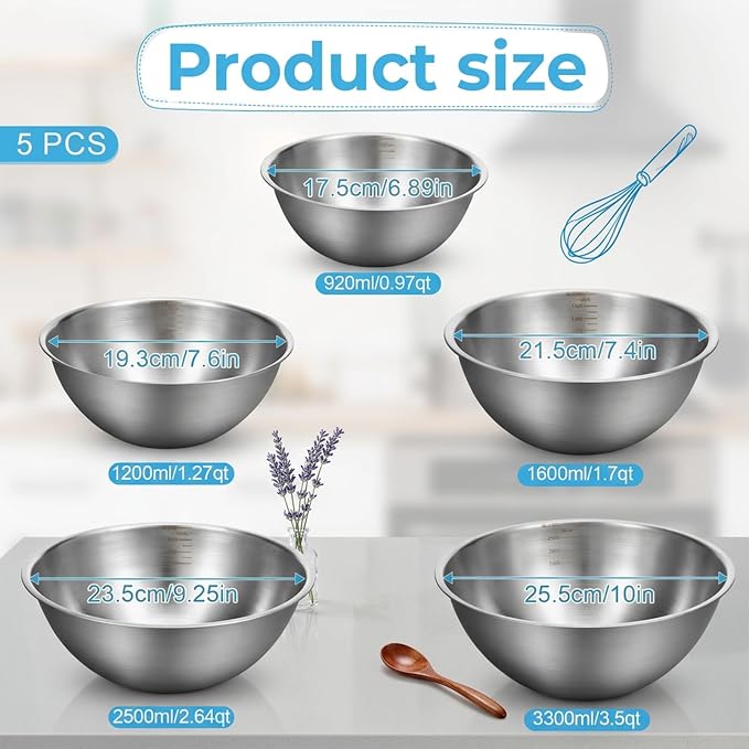 5 Pack Stainless Steel Mixing Bowls with Marks, Heavy Duty Nesting Bowls Set, Food Grade 304, Dishwasher Safe & Stackable for Cooking, Baking, Prepping (1, 1-1/2, 2, 2-1/2, 3-1/2 QT)