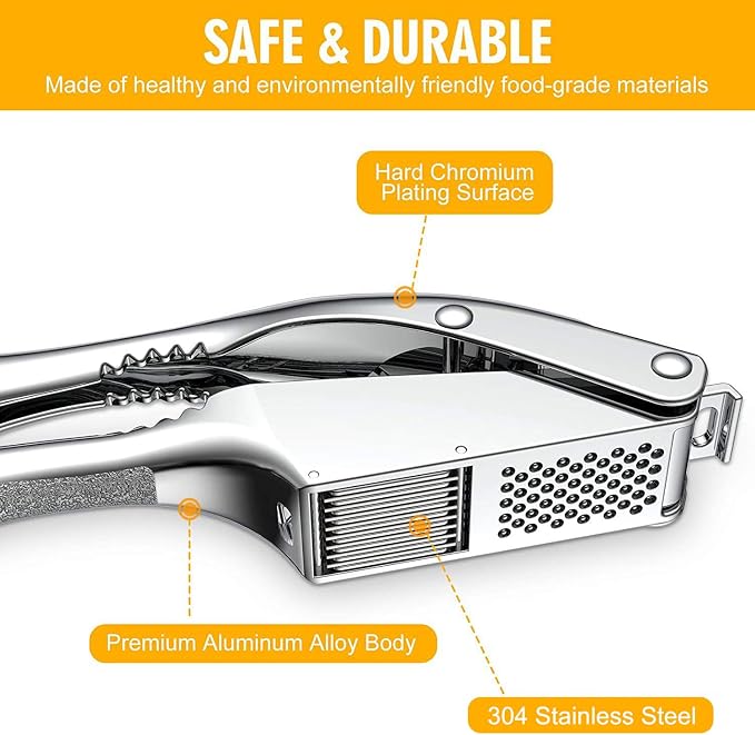 Gold Garlic Press and Slicer 3 In 1 Food Grade Stainless Steel Garlic Mincer Chopper Crusher Garlic Press Kitchen Tool with Garlic Peeler Skin Remover and Clean Brush