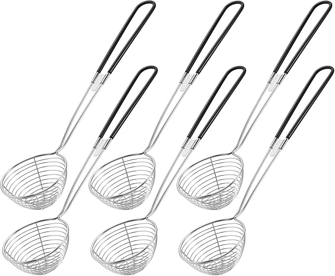 Geiserailie 6 Pieces Hot Pot Kit Strainer Scoops Stainless Steel 2.5 Inch Mini Spider Strainer Skimmer Pasta Mesh Spoon Asian Skimmer Spoon Ladle with Handle for Home (Black)
