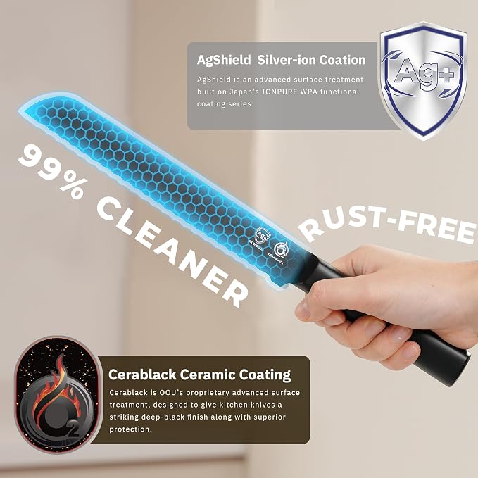 OOU® Black Blade 8 Inch Bread Knife with AgShield™ & Cerablack™ Technology, Rust-Resistant & Easy-Clean Finish, Serrated Edge for Sourdough, Bagels & Cake