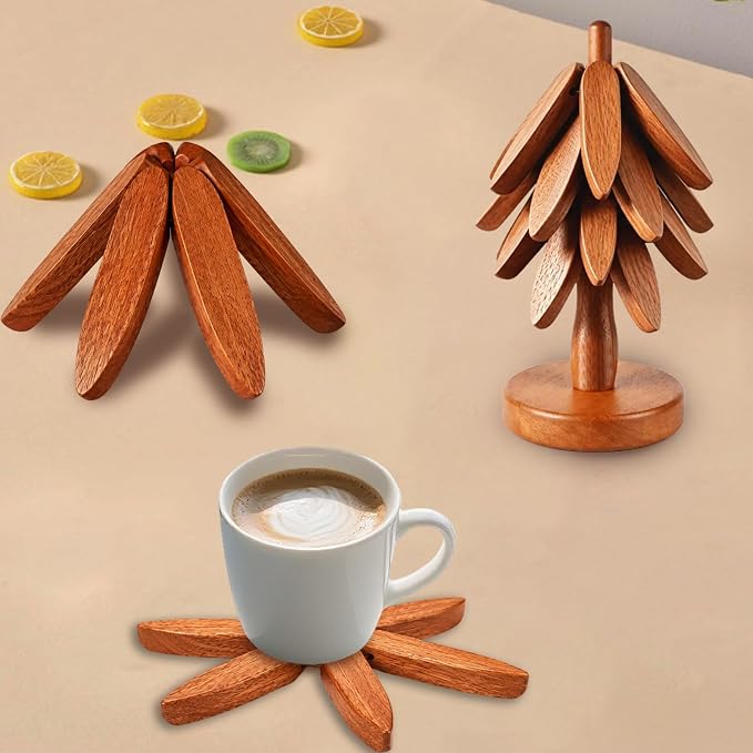 Wooden Tree Trivet Set - 4 Heat-Resistant Sapele Wood Trivets with Stand for Hot Pots and Pans, Kitchen Countertop Protection, Christmas Tree Design Wooden Pot Holders