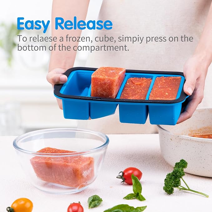 Aichoof 1 Cup Extra Large Silicone Cube Freezing Trays with Silicone lid for soup saver, Silicone Freezer Container for broth,sauce or butter -makes 4 great portions 1cup ice Cube(2 PACK, Blue)