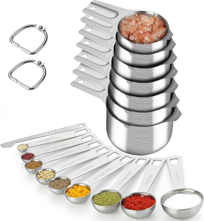 17 Pieces Measuring Cups & Spoons set, 7 Cups, 9 Spoons, 1 Leveler, 18/8 Stainless Steel，Kitchen Gadgets for Cooking & Baking with two Ring Connector, Silver