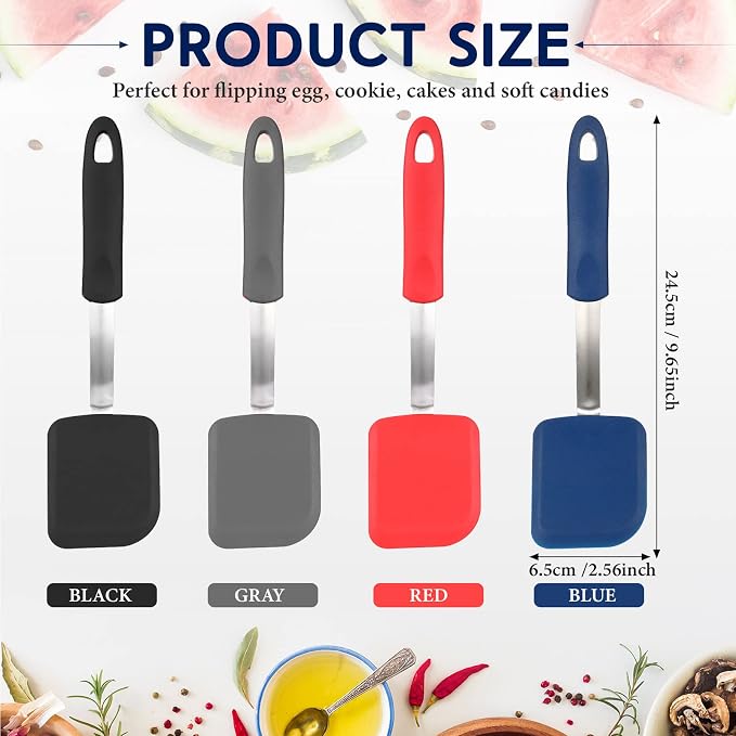 Gejoy 4 Pcs Silicone Cookie Spatula Turner Mini Brownie Spatula Flexible Silicone Spatulas Nonstick Cookware Heat Resistant No Scratch Flipper Baking Utensils for Egg Pancake(Gray, Blue, Black, Red)
