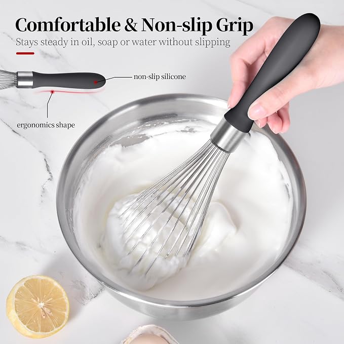 18/8 Stainless Steel Balloon Whisk for Cooking (Large, Black) | Heavy Duty Metal Kitchen Wire Whisker Wisking Tool Egg Beater Hand Mixer for Mixing Baking Beating Stirring Sauce Flour