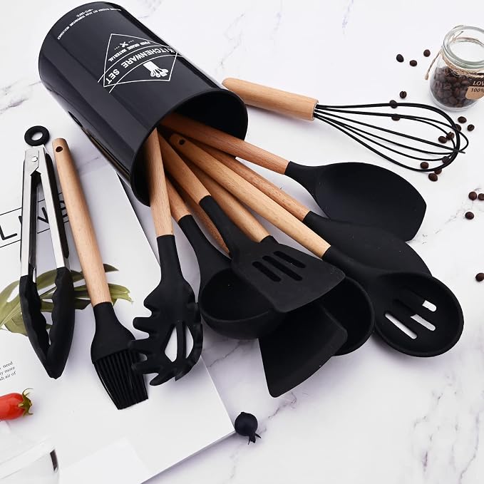 Silicone Black Kitchen Utensil Set with Holder, 12 Pcs Spatula Set for Cooking, Heat Resistant Kitchen Tools Spoon Turner Whisk for Cookware.