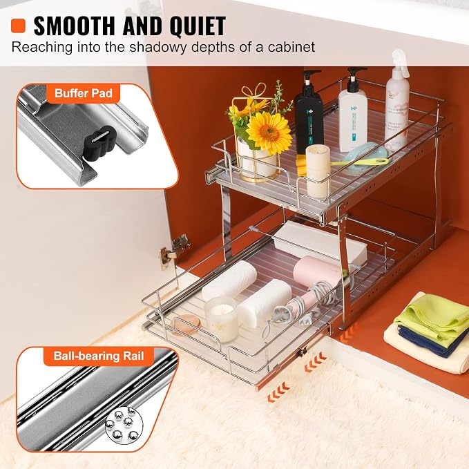 VEVOR Pull Out Cabinet Organizer, 14" Wx21.2 Dx15.2 H Heavy 2 Tier Duty Slide Out Pantry Shelves, Chrome-Plated Steel Roll Out Drawer for Under Sink, 15.5" Wx22.5 Dx19 H Install Size for Cabinet