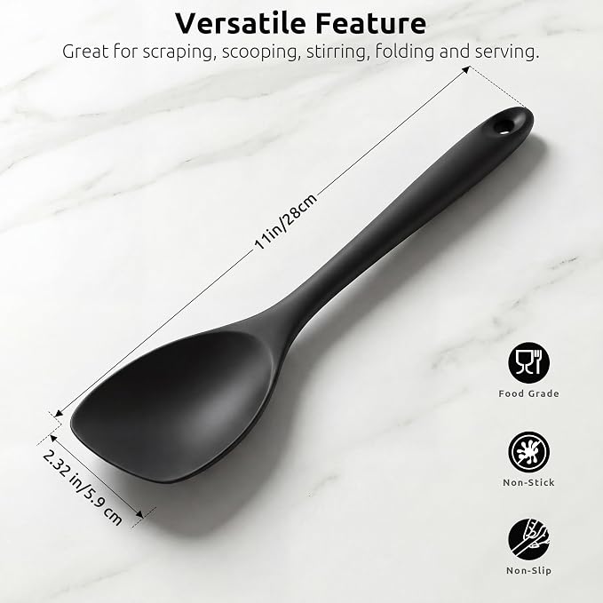 600ºF Heat Resistant Spatula Spoon: U-Taste Flexible Silicone Cooking Scoop Spoonula, Serving Mixing Scraping Food in Non-Stick Pan Cookware, Seamless Multifunctional Kitchen Utensil (Black)