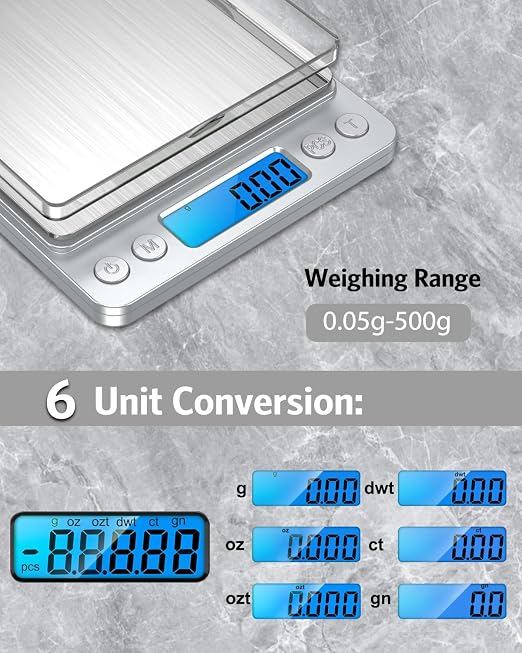 Digital Food Scale 500g/0.01g Gram Scale, Upgraded Mini Pocket Scale with 6 Units, 2 Trays, Auto Off, Tare, PCS for Food, Jewelry, Coin, Coffee (2 AAA Batteries Included)