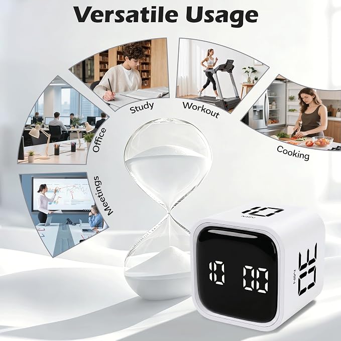 Pomodoro Timer Cube, Productivity Visual Timer Flip, 5/10/30/60 Min Preset Custom Countdown, ADHD Tool Rotating Countdown Stopwatch, Vibrate/High/Low Volume, for Study, Work, Game, Kitchen-White