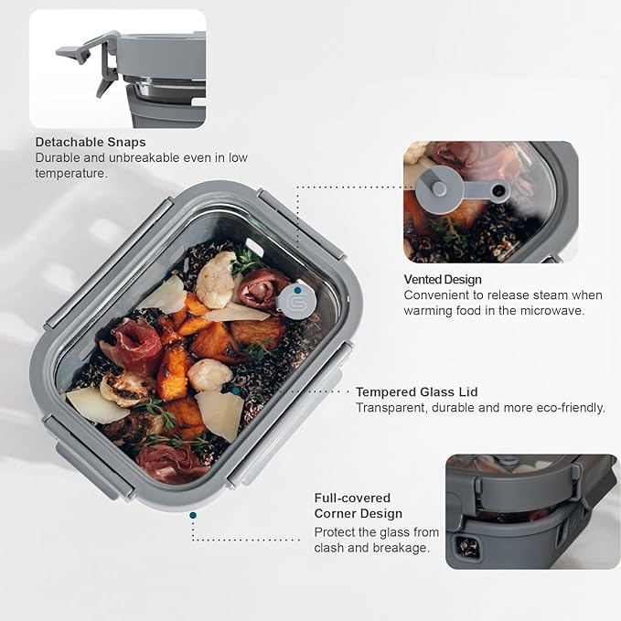 Glass Meal Prep Containers 5-Pack With Glass Lids & Steam Vent, 35 Oz / 4.4 Cups Leakproof Airtight Food Storage Containers, Borosilicate Glass, Microwave And Dishwasher Safe, Bpa-Free
