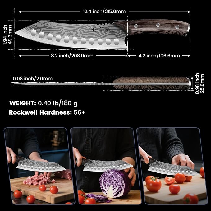 SYOKAMI Japanese Kitchen Knife, 8.2 Inch Chef Knife, Carbon Steel Kiritsuke, Razor Sharp Santoku for Precision Cutting, Damascus Pattern, Full Tang Wood Handle, Housewarming Cooking Gifts