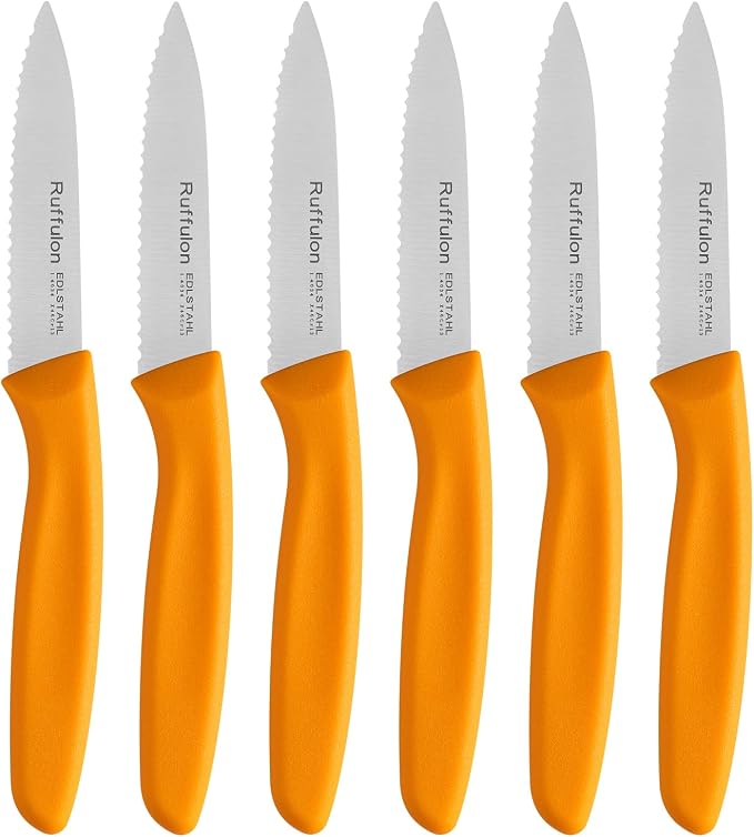 Stainless Steel Paring Knife With Serrated Blade, 6 Pieces Set Vegetable and Fruit Knife, Ultra Sharp Small Kitchen Knife, Orange Paring Knives with PP Plastic Ergonomic Handle.