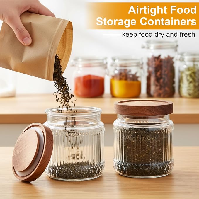 6 Pcs 500ml/17 oz Vintage Glass Jars with Wood Lids | Airtight Ribbed Containers, Wood Lids for Coffee Beans Tea Sugar Flour Spices, Stackable Pantry Countertop Storage Organizer