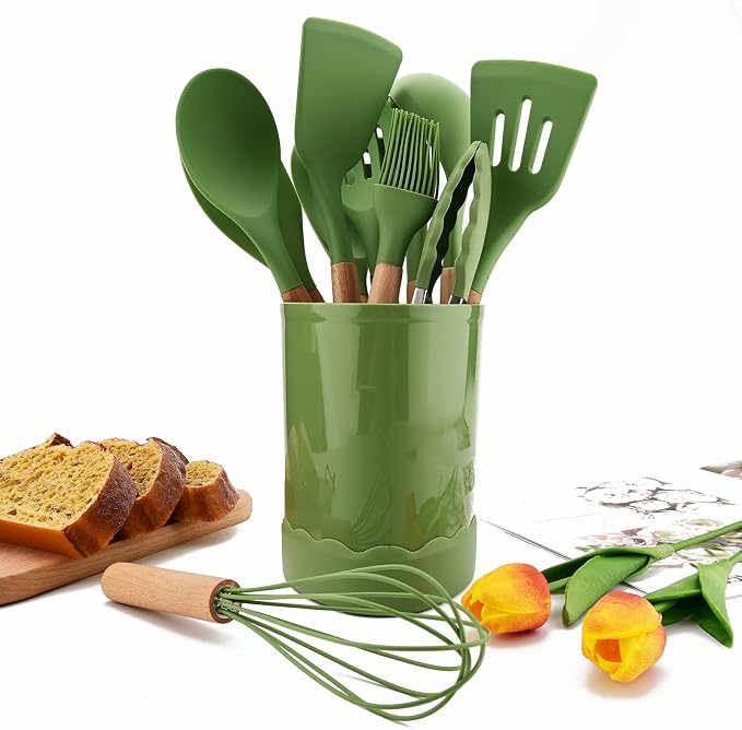 1pcs Avocado Green Silicone Cooking Utensils Heat Resistant Solid Spoon Mixing Spoon, Cooking Backing Spoons Set for Stirring, Mixing and Serving