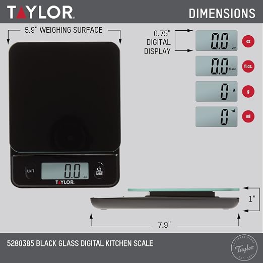 Taylor Glass Top Food Scale with Touch Controls, 11 lb Capacity, Sleek Black Design for Precision Food Measurement in Grams and Ounces (Pack of 4)