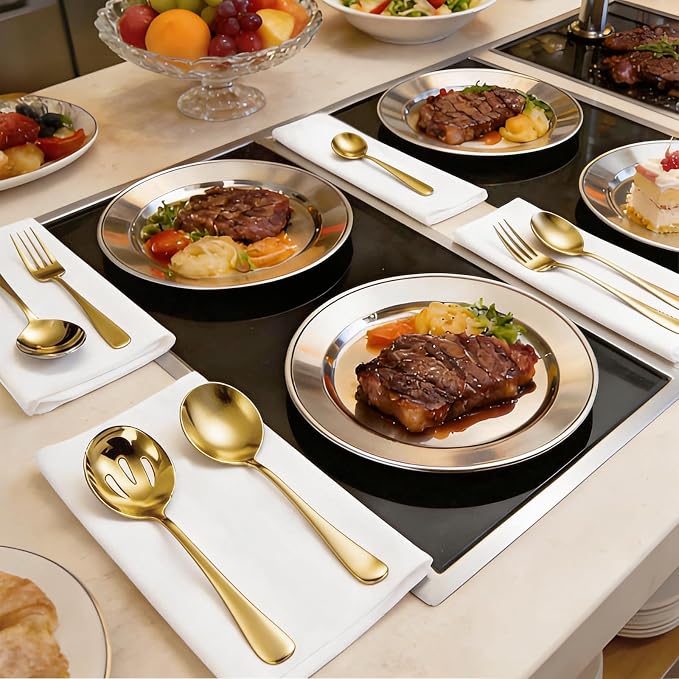 8 PCS Serving Utensils,8.7 Inch Large Serving Spoons,Slotted Spoon,Forks,Mini Coffee Spoons,Stainless Steel Serving Sets for Buffet Catering Banquet Party,Dishwasher Safe (8 Pcs(Gold))