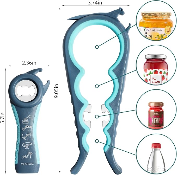Jar Opener, 6 In 1 Bottle Opener Can Opener for Weak Hands, Jar Openers for Seniors with Arthritis, Multifunctional Lid Opener Kit, Easy Jar Opener Tool for Elderly Adults Kids (Blue)