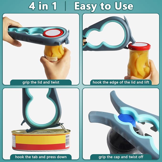 Jar Opener, 6 In 1 Bottle Opener Can Opener for Weak Hands, Jar Openers for Seniors with Arthritis, Multifunctional Lid Opener Kit, Easy Jar Opener Tool for Elderly Adults Kids (Blue)