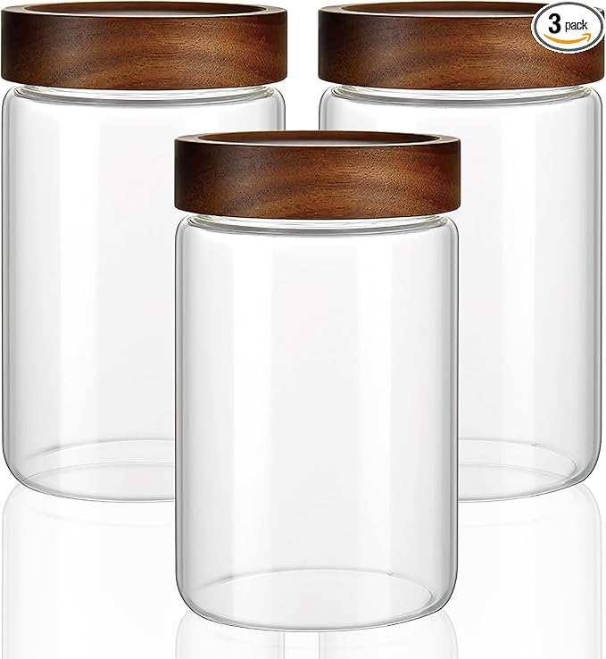 3 Pack 28 fl oz/850 ml Clear Glass Storage Canister with Airtight Wooden Screw On Lid, Medium Decorative Glass Container Jar Set for Coffee, Candy, Cookie, Condiment, Pepper, Sugar, Oatmeal