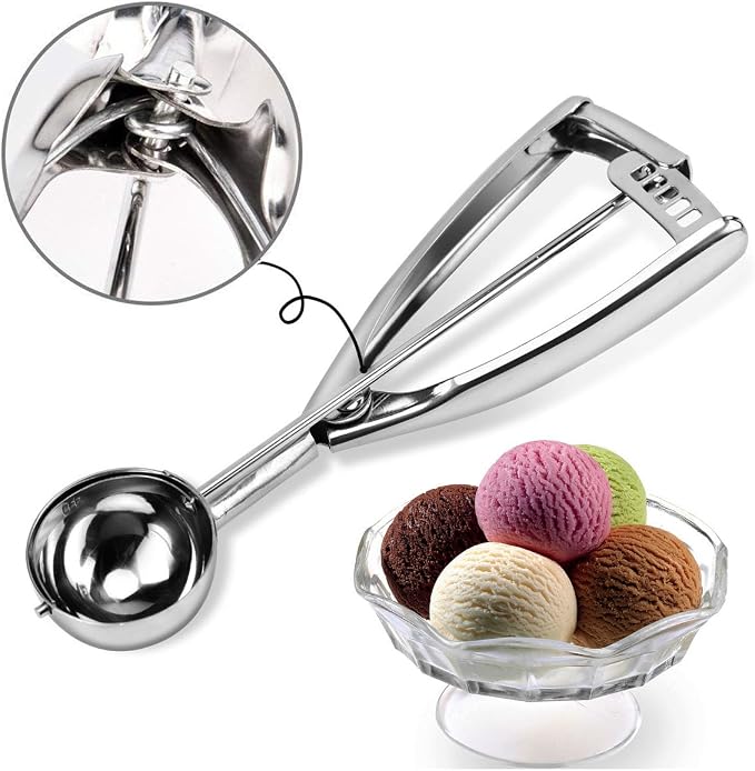 Ecowin Cookie Scoop Set Ice Cream Scoops, 3 PCS Thick Stainless Steel Ice Cream Scoop with Trigger Release, Cookie Scooper for Baking, Free Piping Bag and Tips Cake Decorating, Easy to Clean